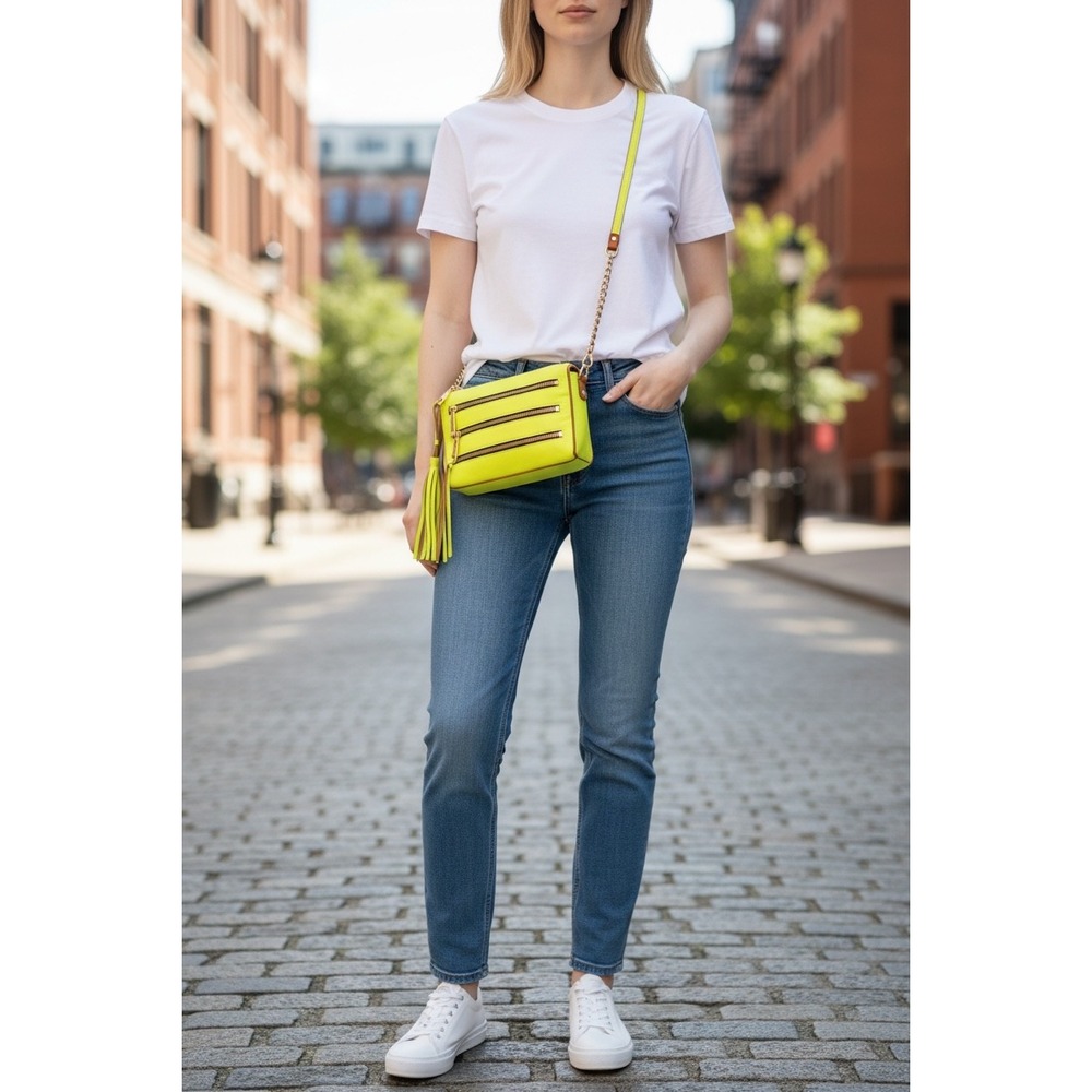 Rebecca Minkoff Neon Yellow Cognac Brown Leather Crossbody Bag Tassel Gold Chain